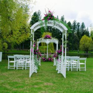 Mt Vernon wood gazebo, Wood lattice archway, White padded chairs & Lattice aisle post